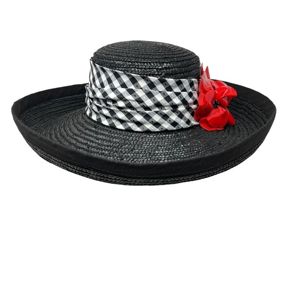 Whittall & Shon Womens Black‎ Wide Brim Hat Red Floral Derby Event - Picture 2 of 11